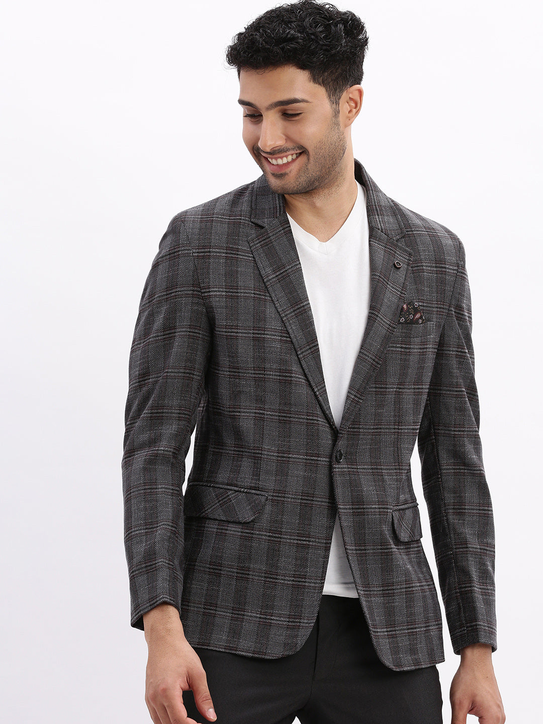 Men Checked Charcoal Single Breasted Blazer