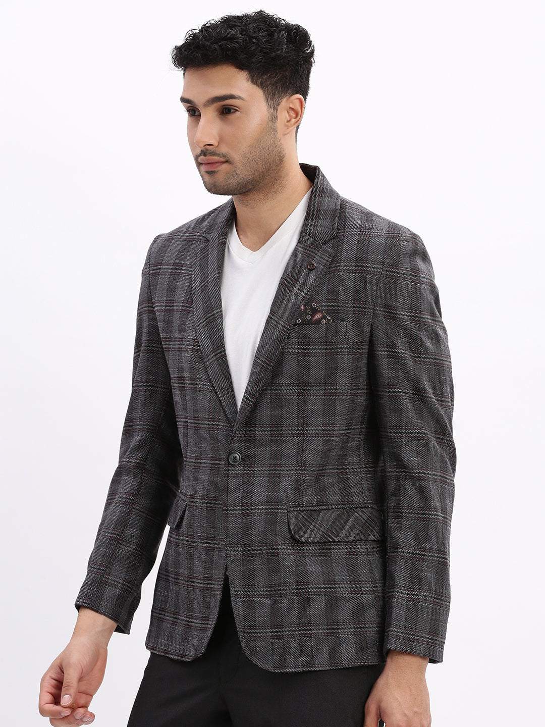 Men Checked Charcoal Single Breasted Blazer