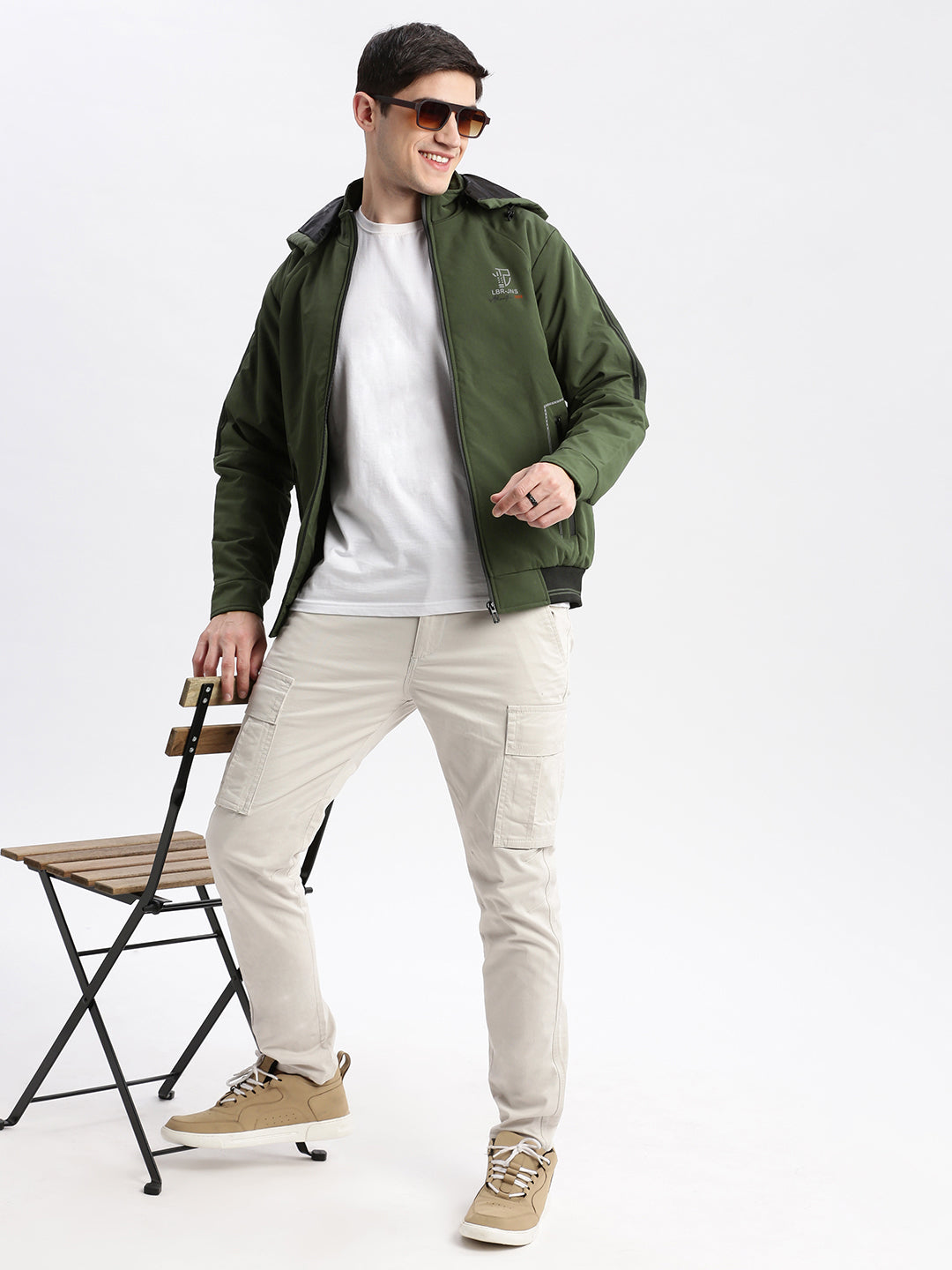 Men Solid Mock Collar Olive Bomber Jacket Comes with Detachable Hoodie
