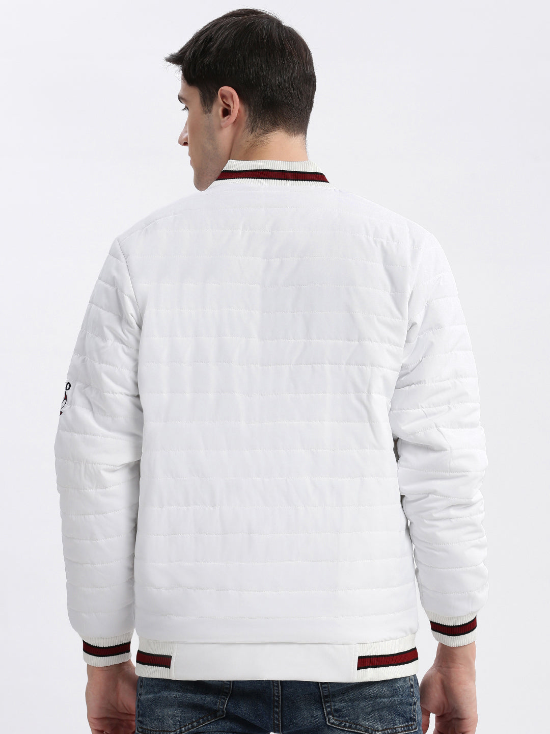 Men Typography Mandarin Collar White Puffer Jacket