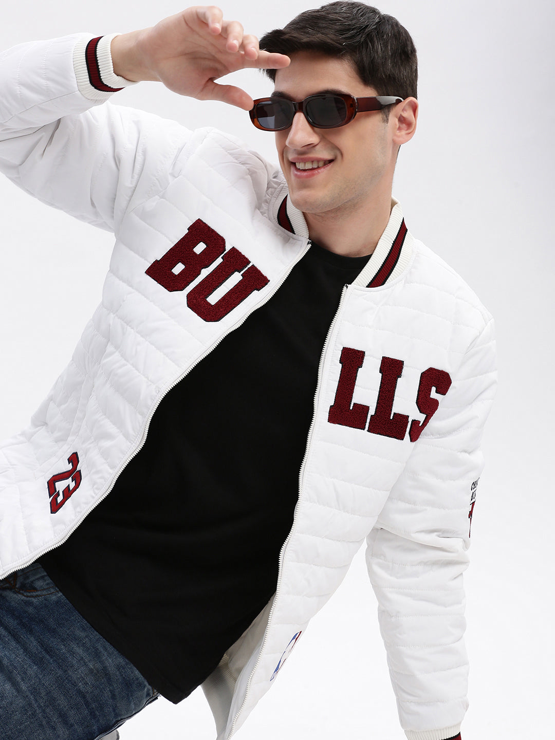 Men Typography Mandarin Collar White Puffer Jacket