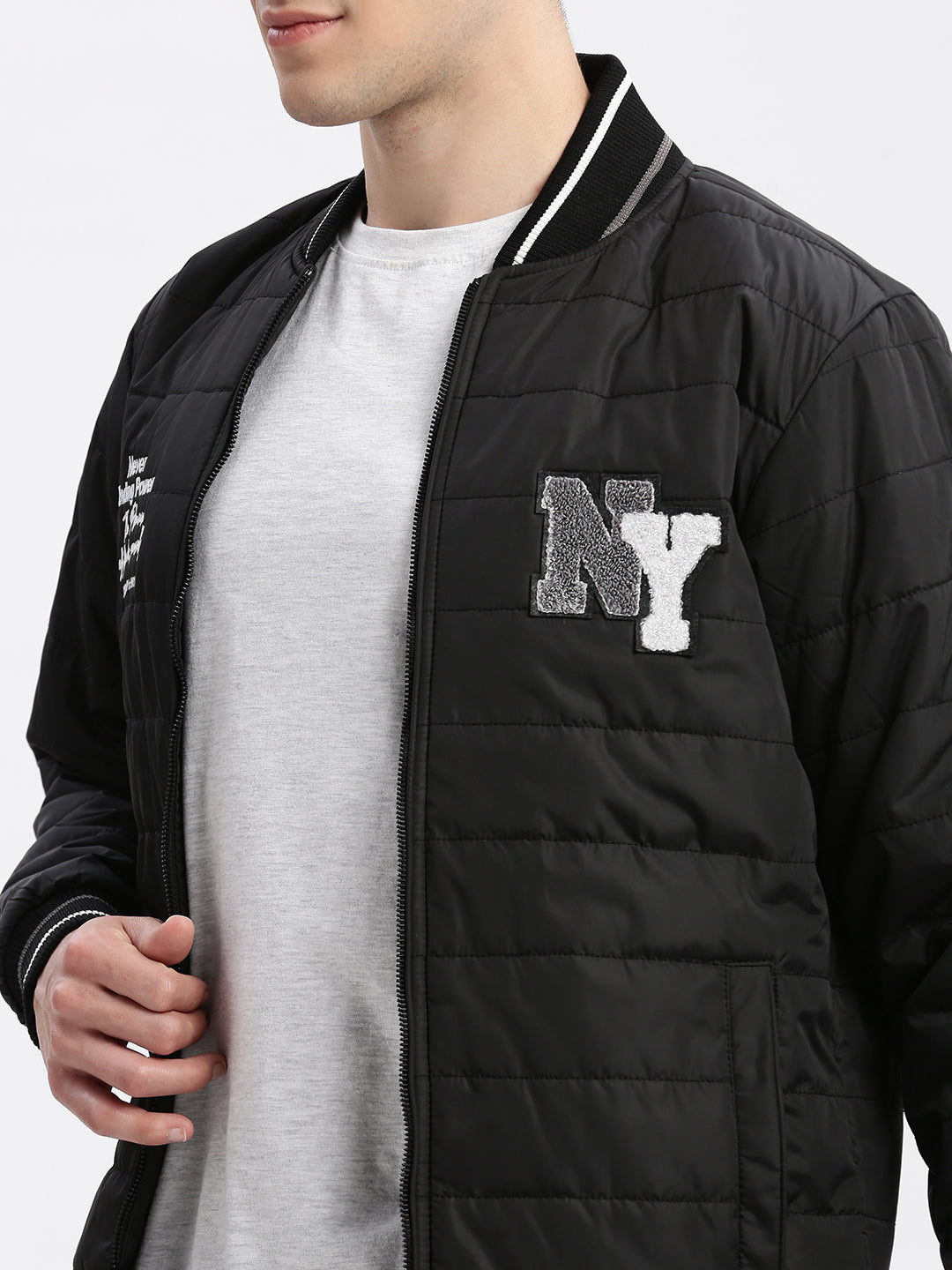 Men Typography Mandarin Collar Black Puffer Jacket