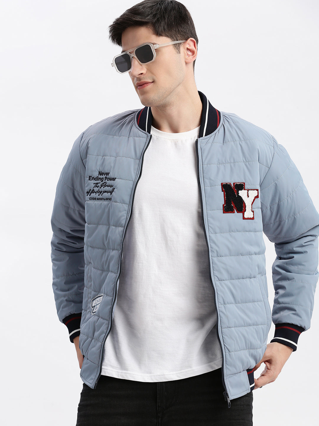 Men Typography Mandarin Collar Grey Puffer Jacket