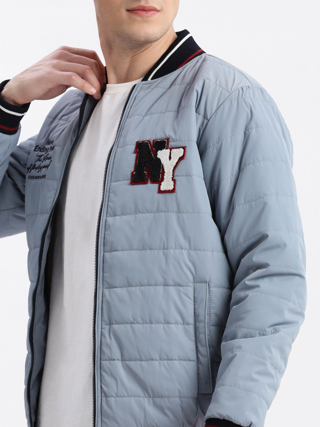 Men Typography Mandarin Collar Grey Puffer Jacket