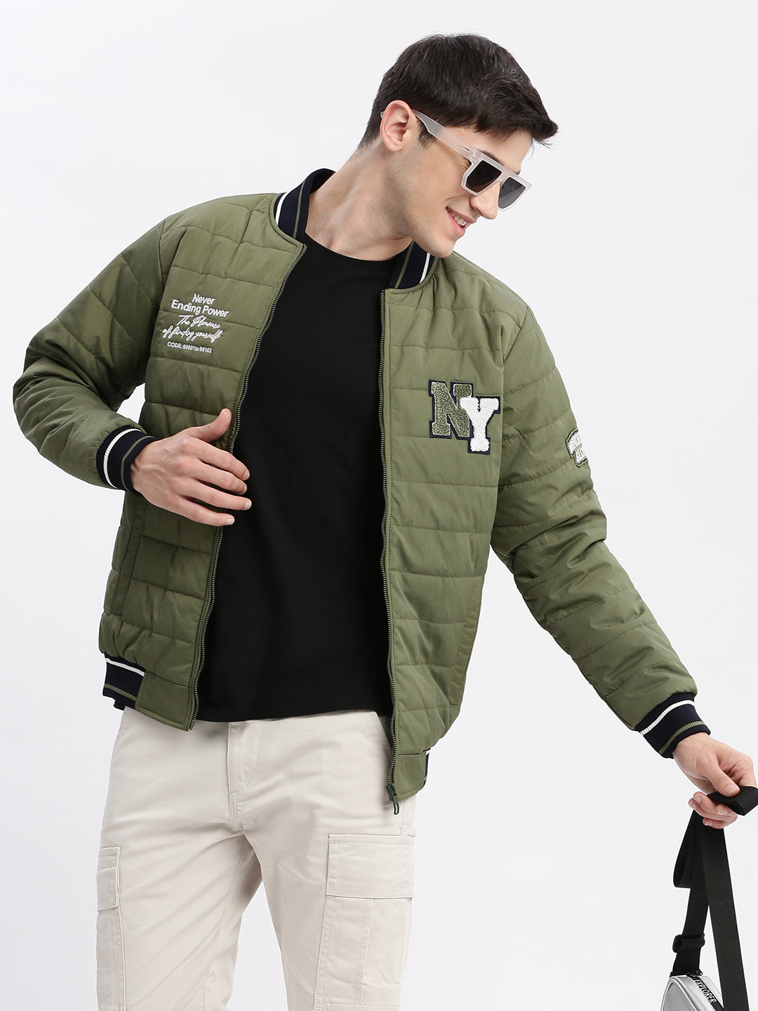 Men Typography Mandarin Collar Olive Puffer Jacket