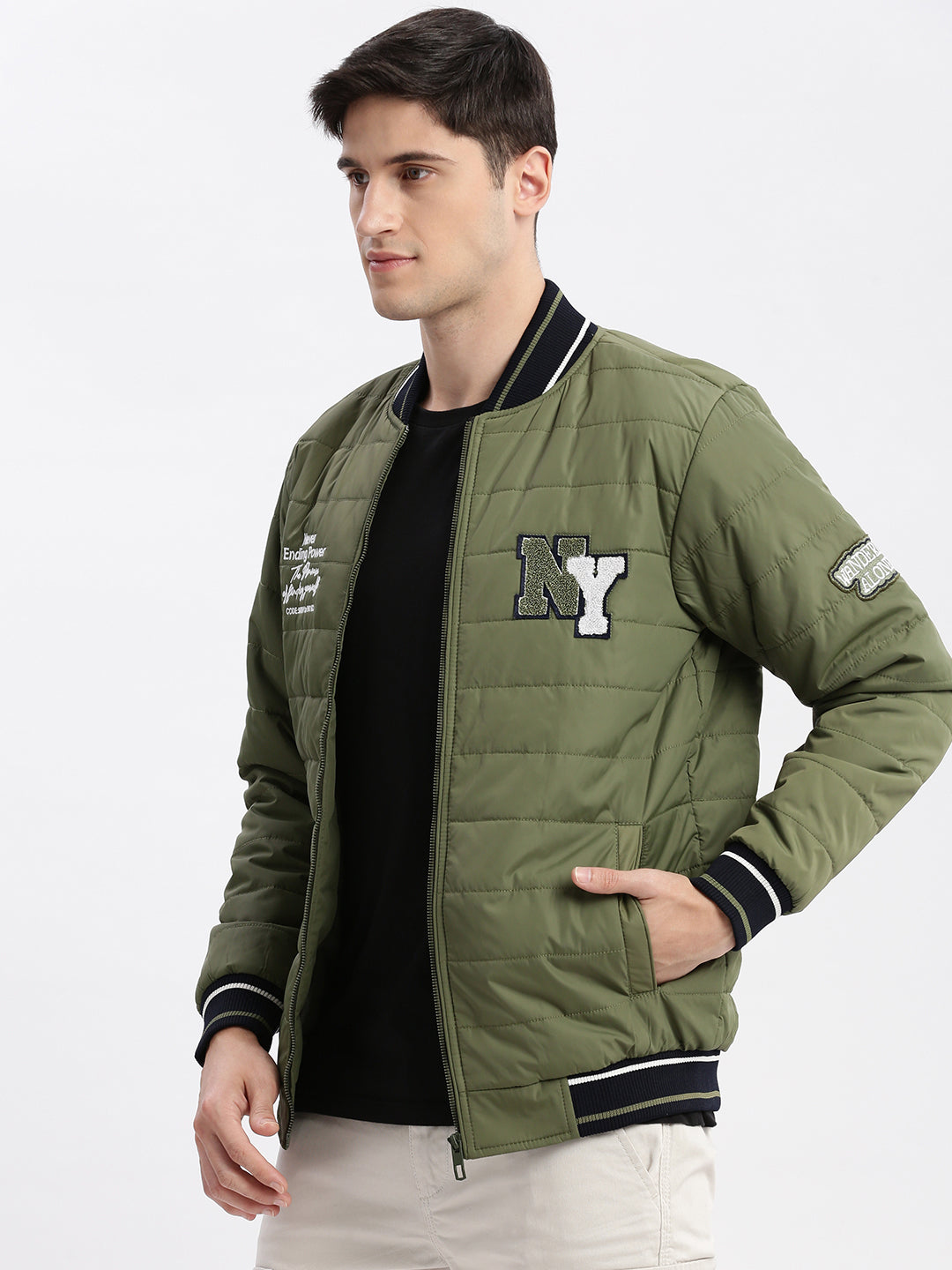 Men Typography Mandarin Collar Olive Puffer Jacket