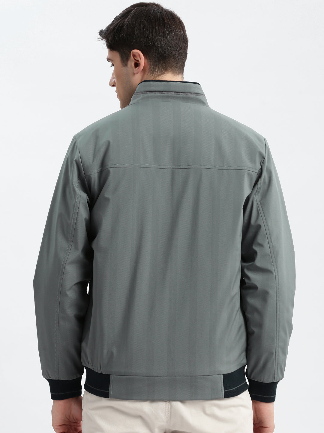 Men Geometric Mock Collar Grey Bomber Jacket