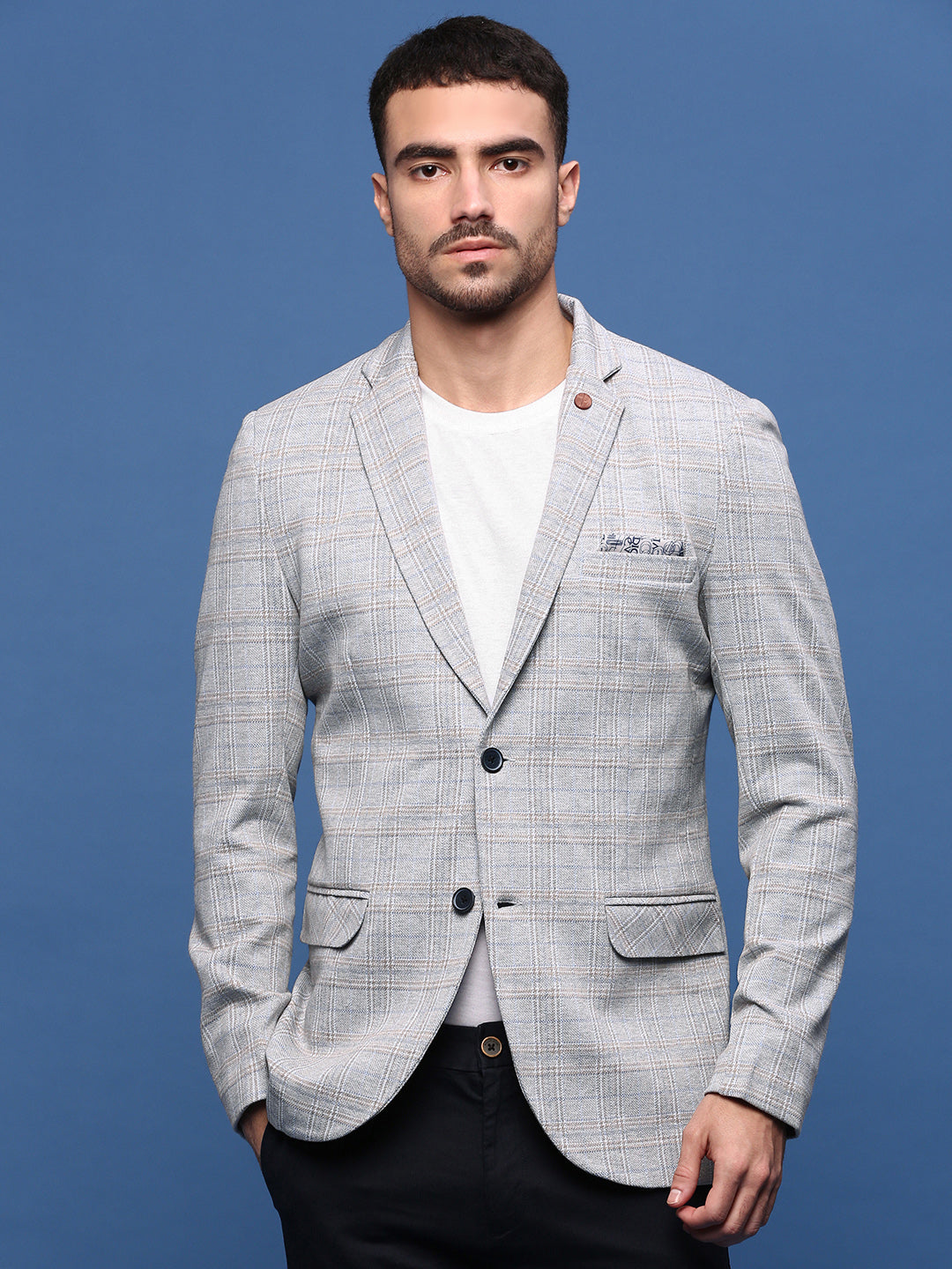 Men Grey Slim Fit Single Breasted Blazer