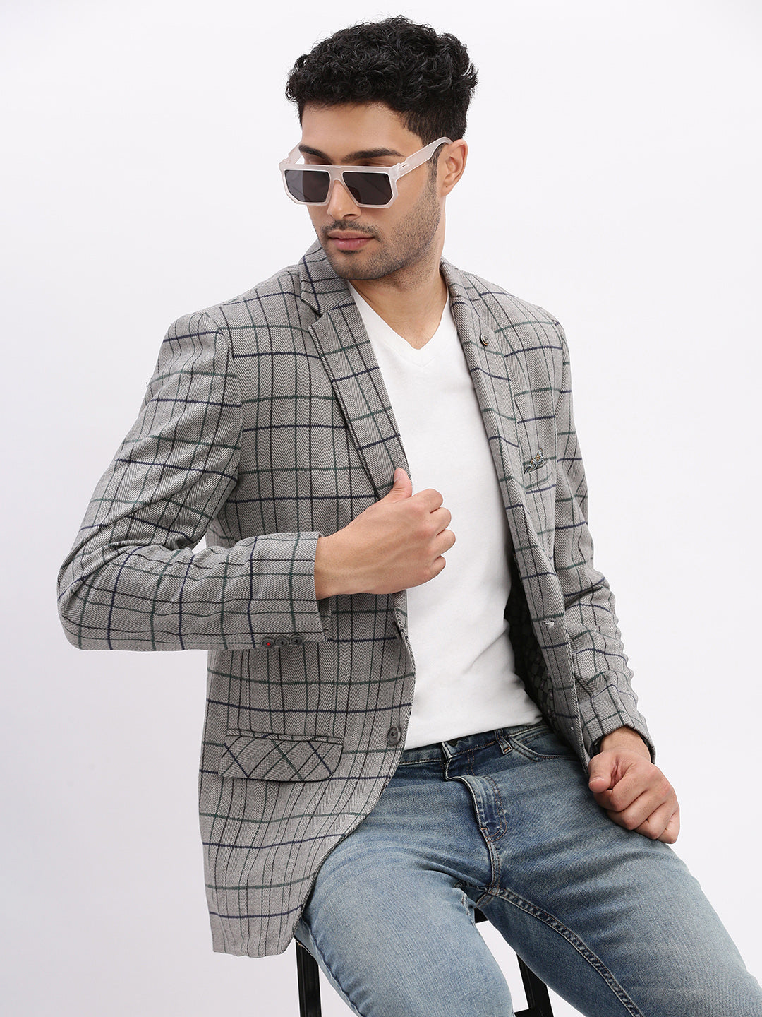 Men Checked Grey Single Breasted Blazer