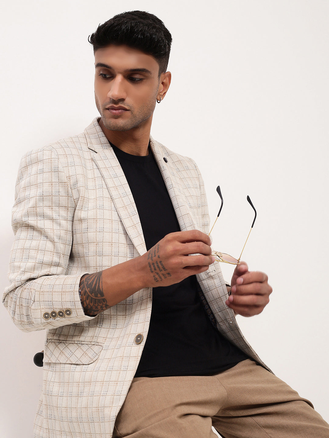 Men Cream Checked Single Breasted Blazer