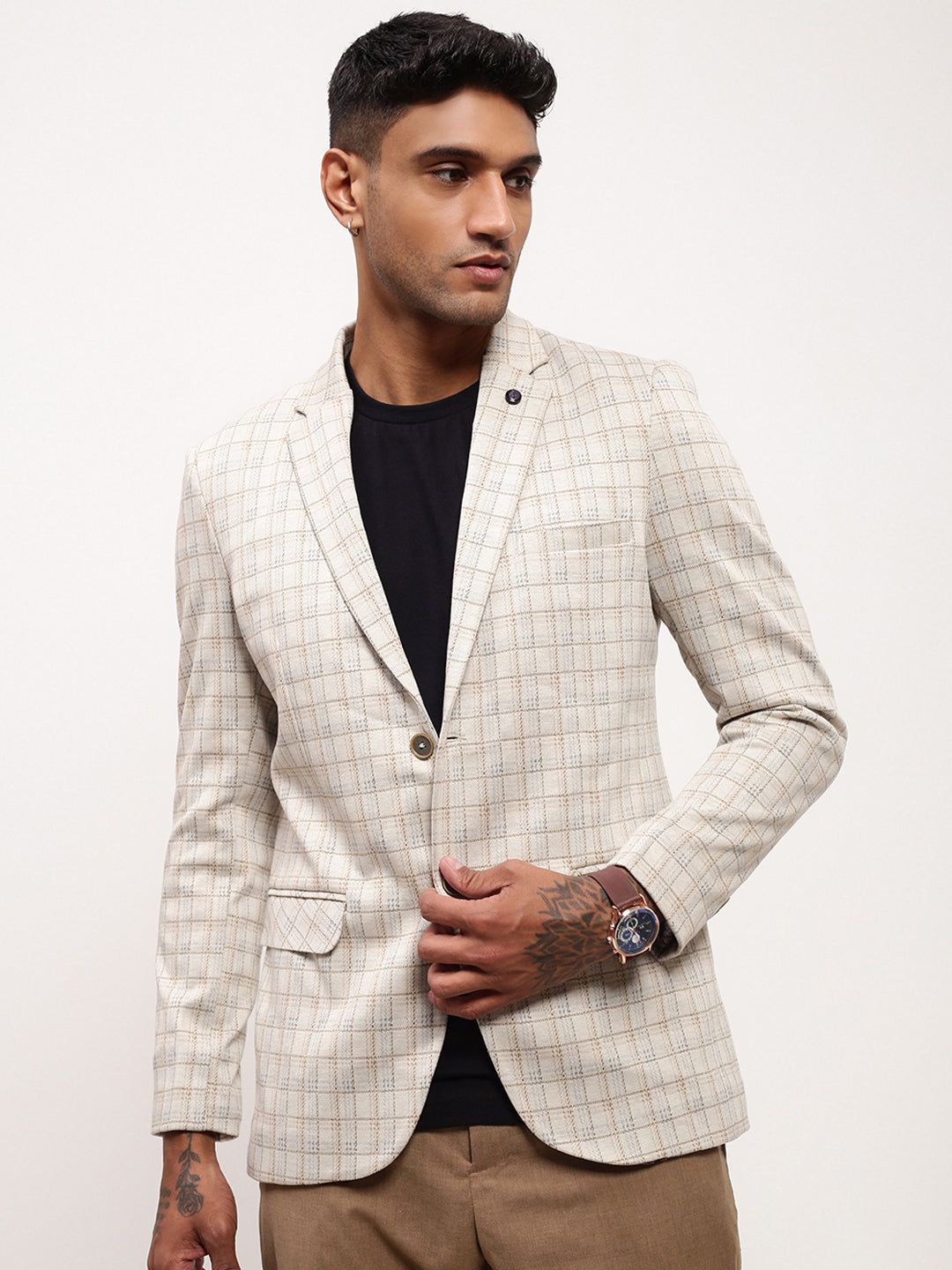 Men Cream Checked Single Breasted Blazer