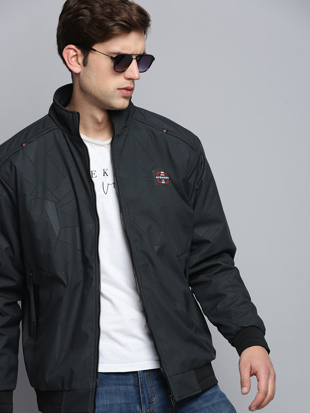 Men Mock Collar Solid Grey Padded Jacket