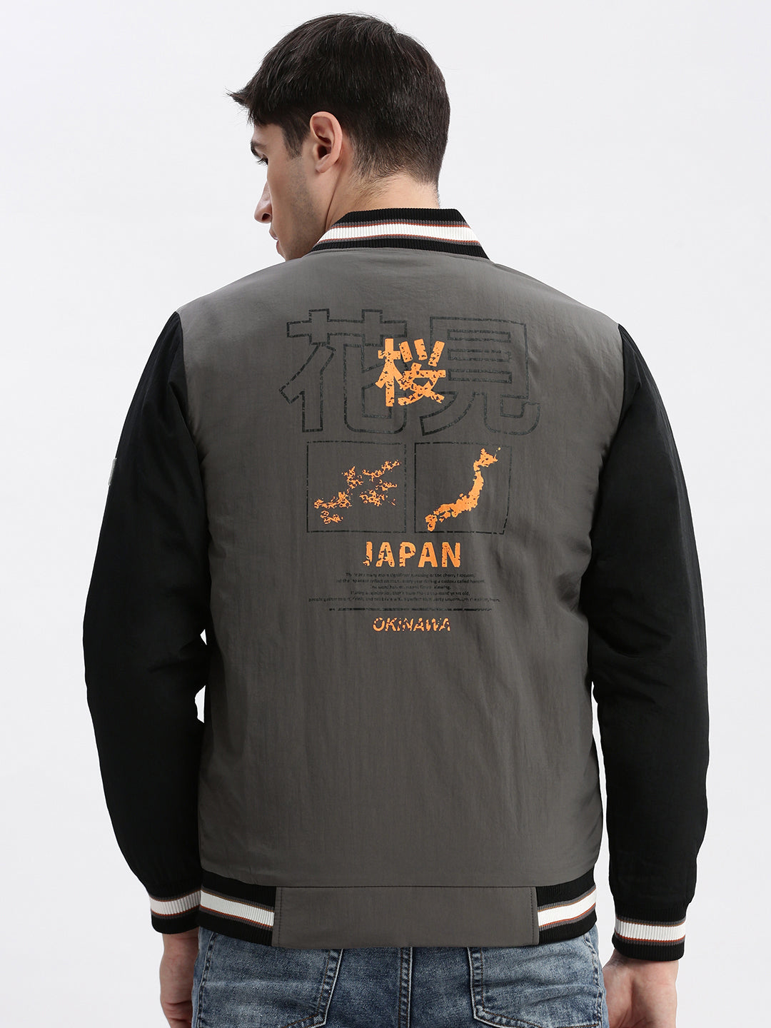 Men Colourblocked Mandarin Collar Grey Bomber Jacket