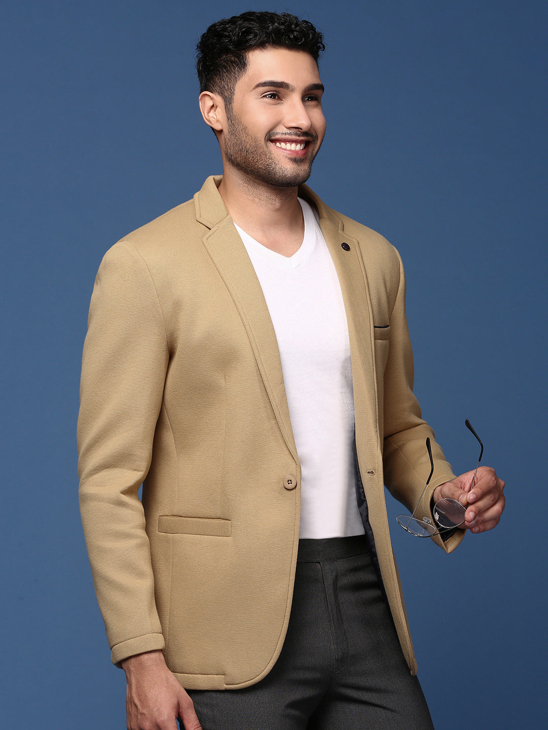 Men Khaki Slim Fit Single Breasted Blazer