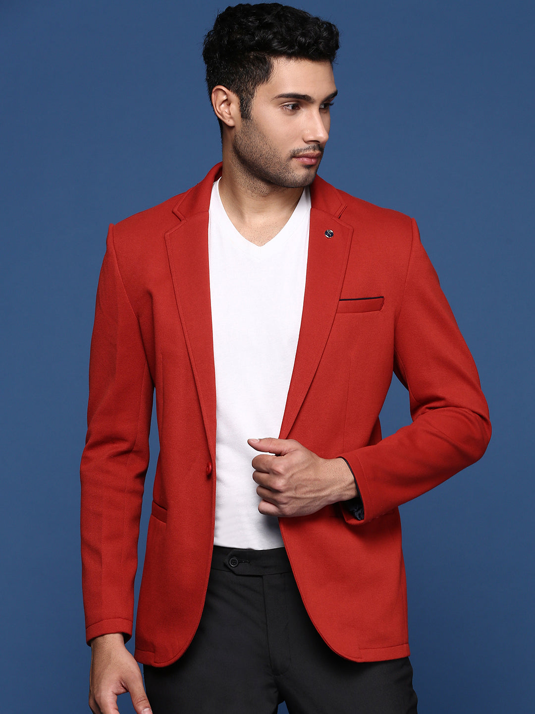 Men Red Slim Fit Single Breasted Blazer