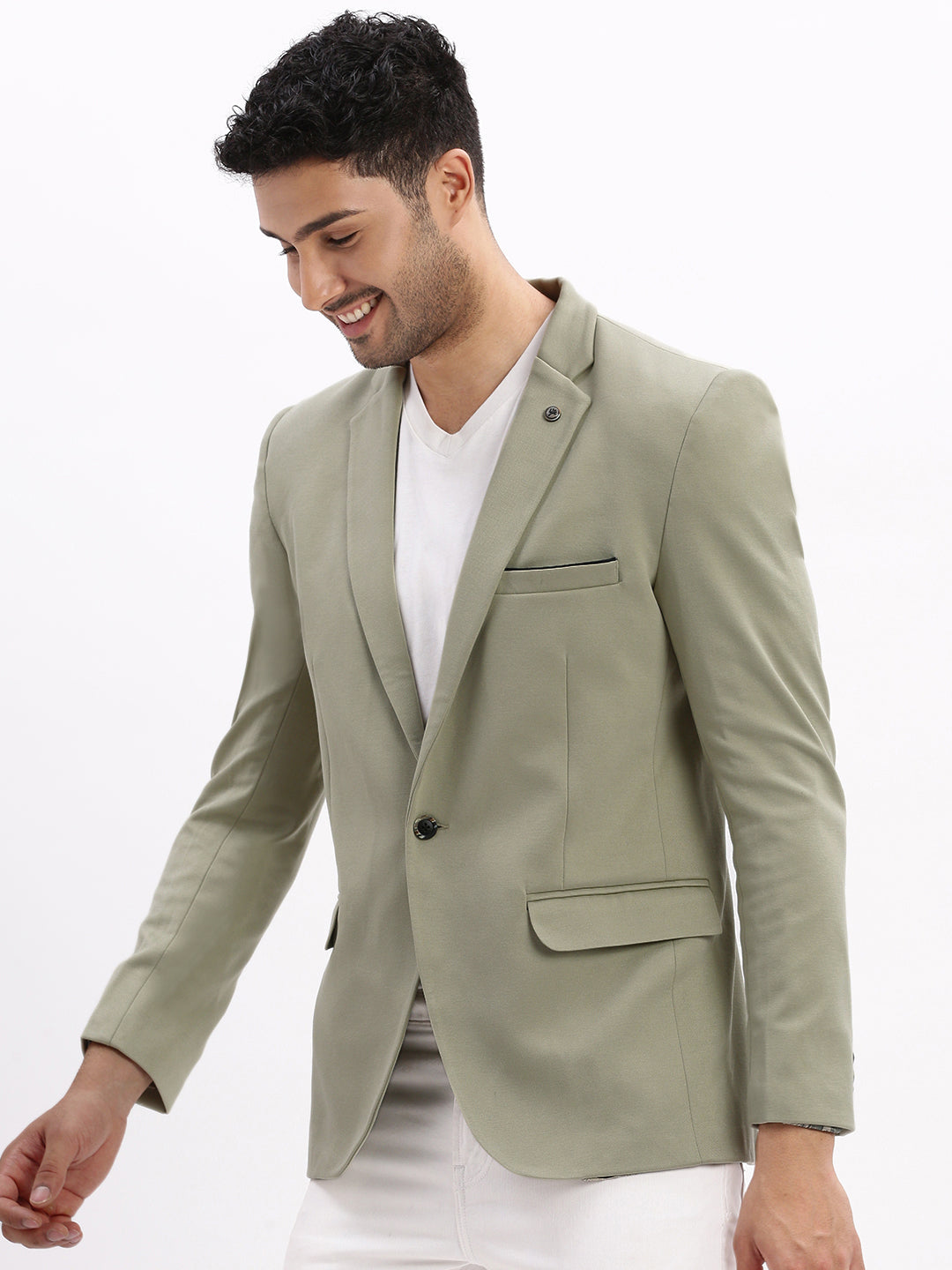 Men Solid Sea Green Single Breasted Blazer