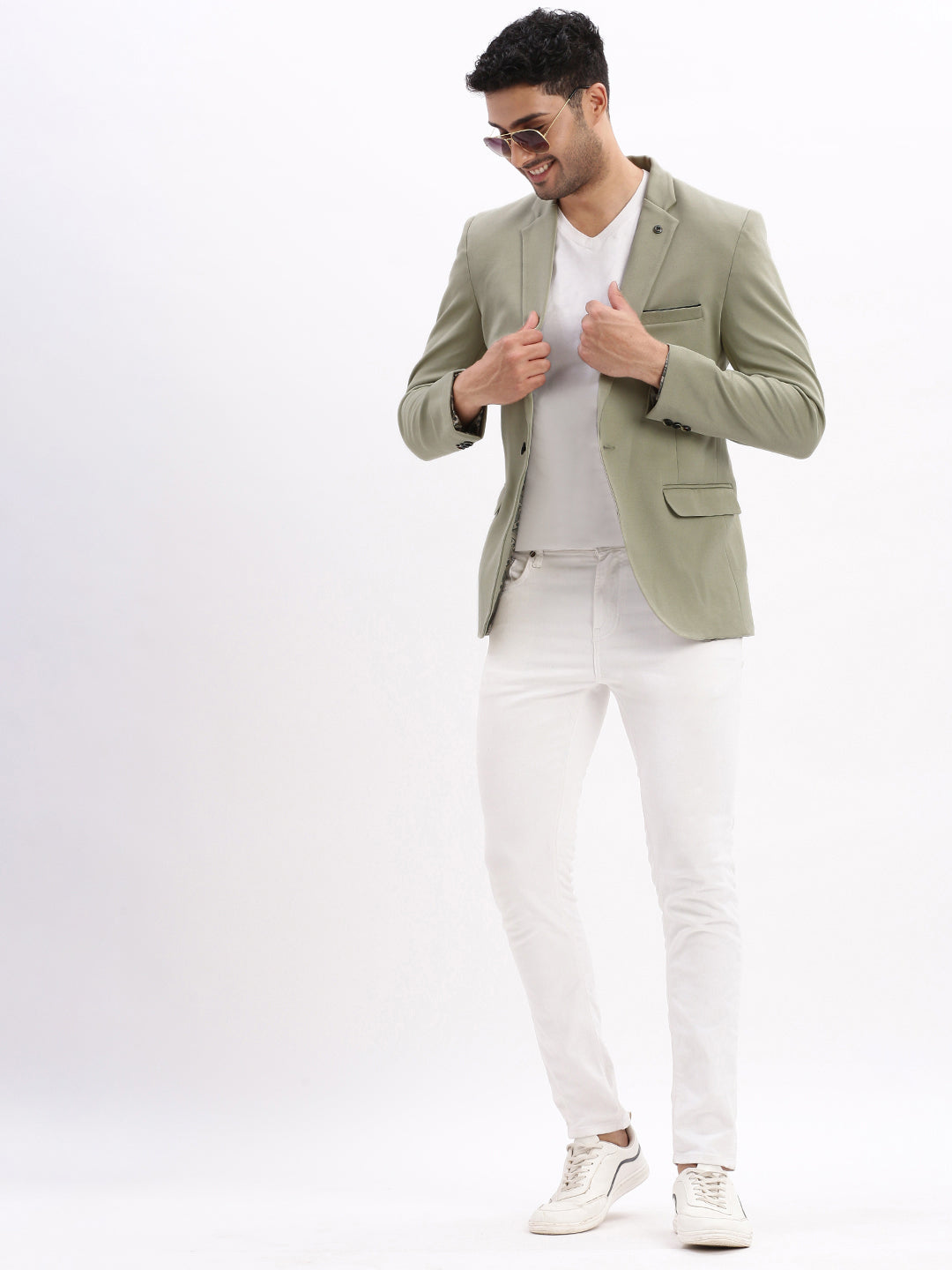 Men Solid Sea Green Single Breasted Blazer