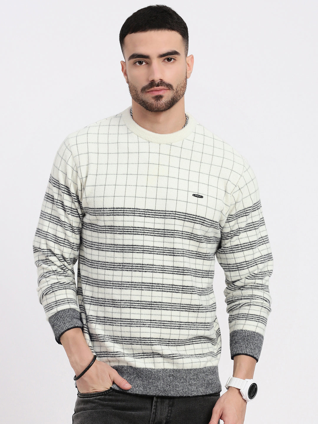 Men White Geometric Sweater