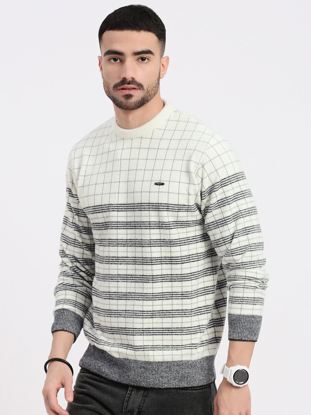 Men White Geometric Sweater