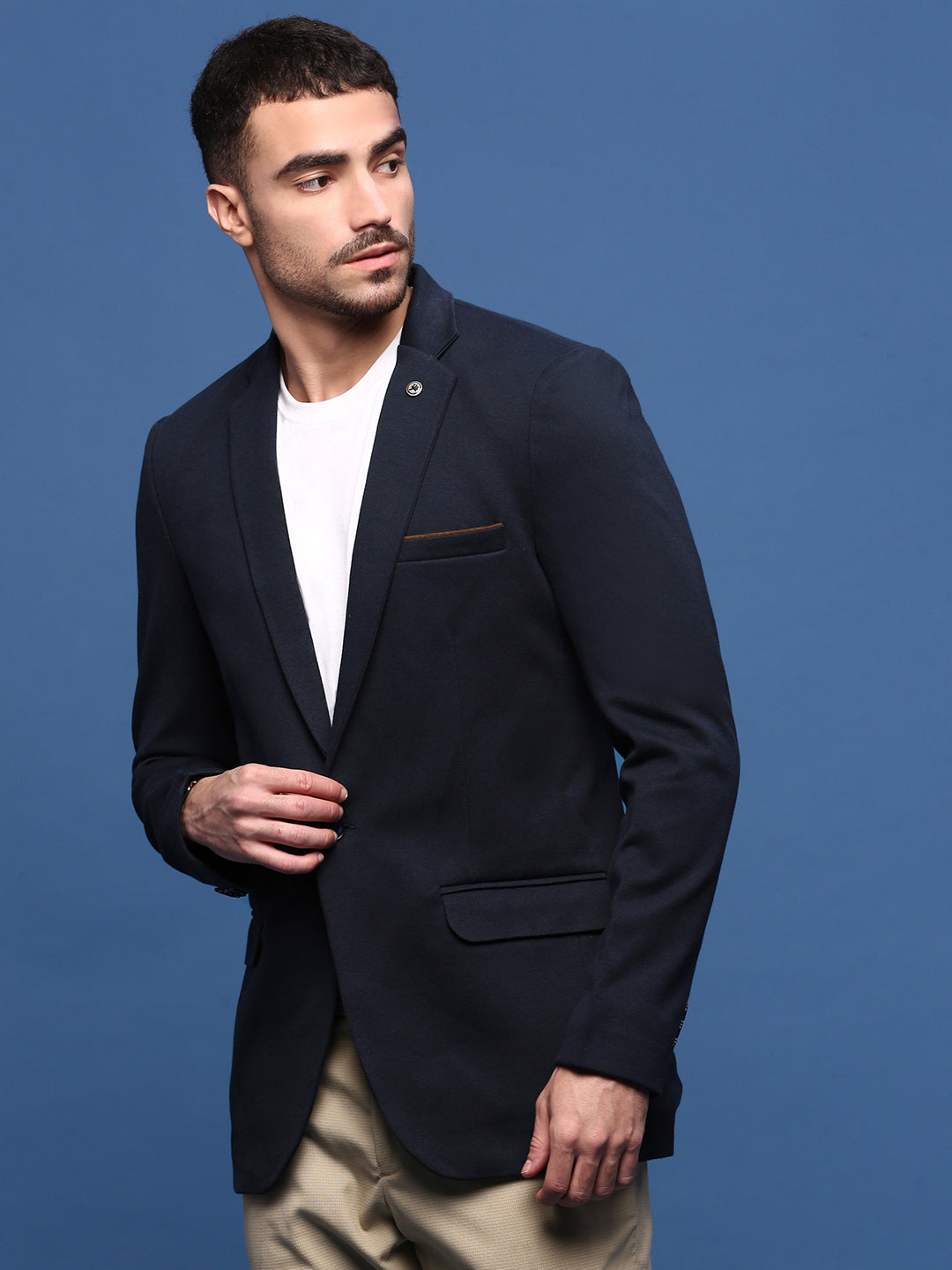 Men Navy Blue Slim Fit Single Breasted Blazer