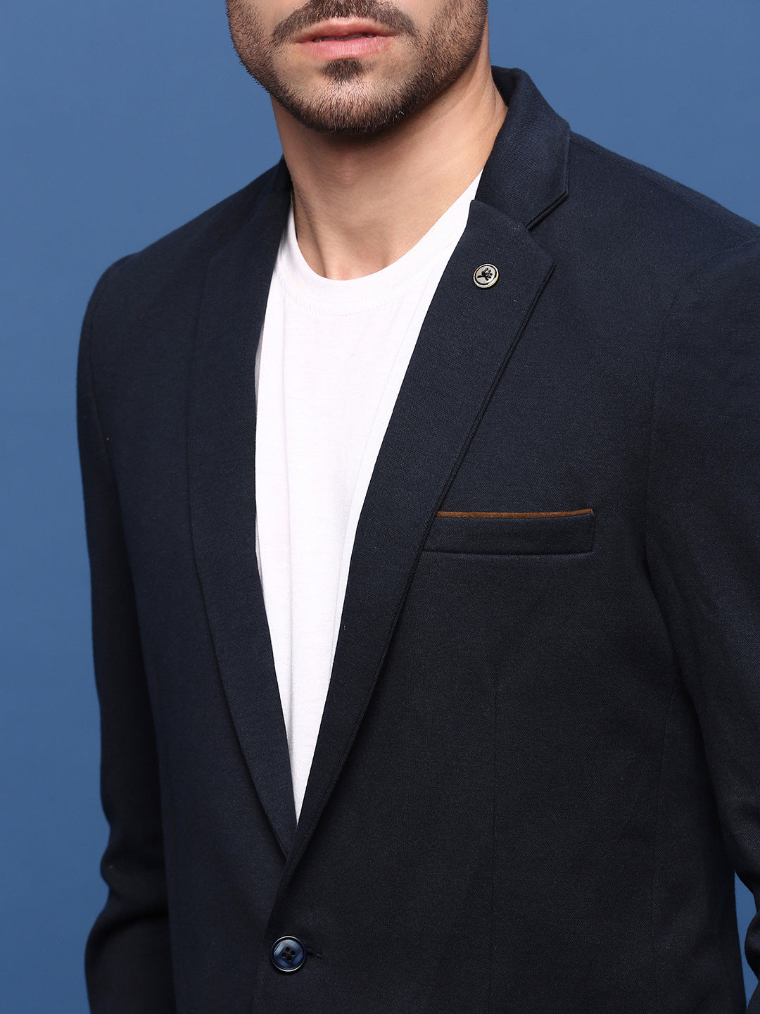 Men Navy Blue Slim Fit Single Breasted Blazer