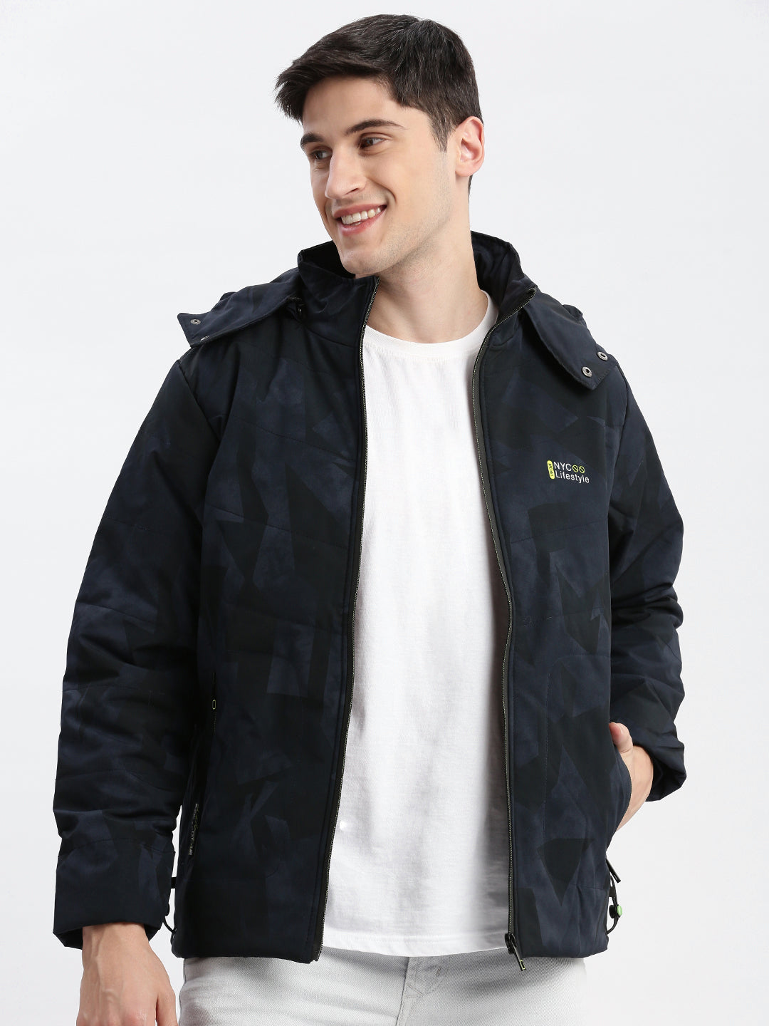 Men Abstract Mock Collar Navy Blue Puffer Jacket Comes with Detachable Hoodie