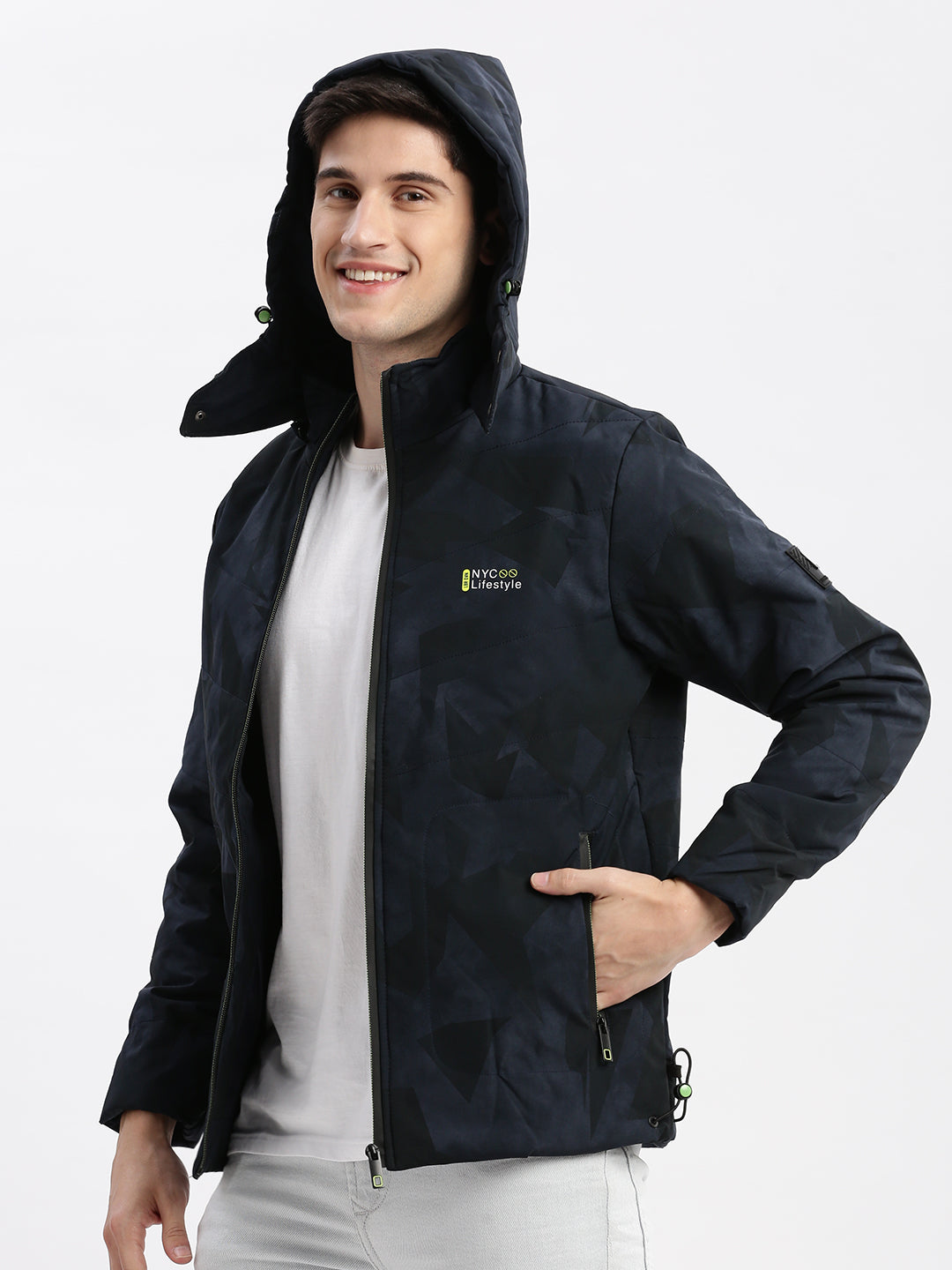 Men Abstract Mock Collar Navy Blue Puffer Jacket Comes with Detachable Hoodie