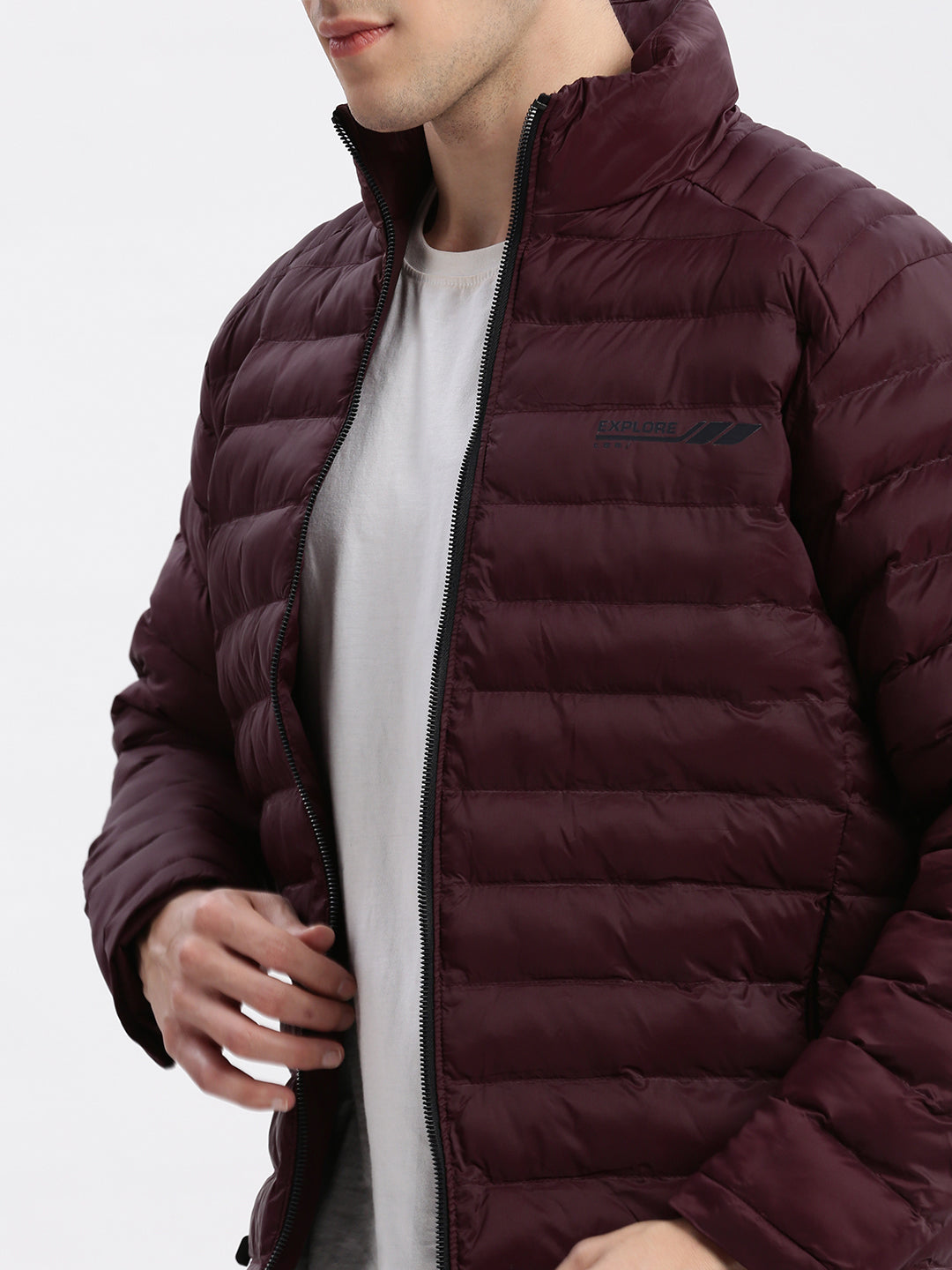 Men Solid Mock Collar Burgundy Puffer Jacket