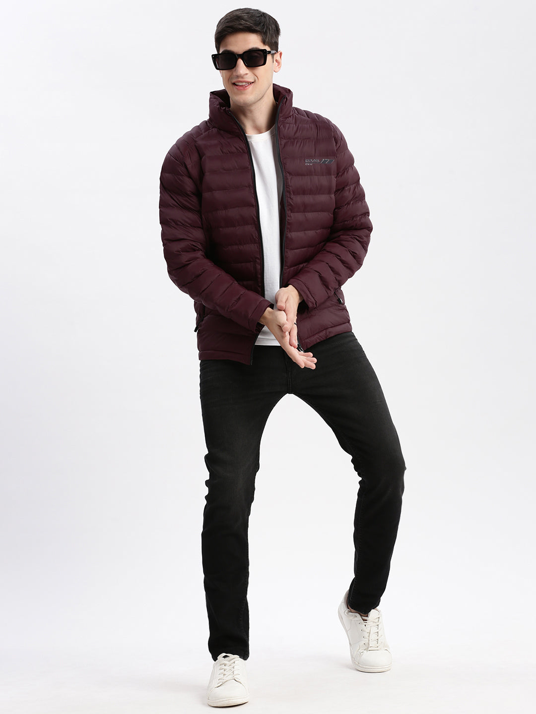 Men Solid Mock Collar Burgundy Puffer Jacket