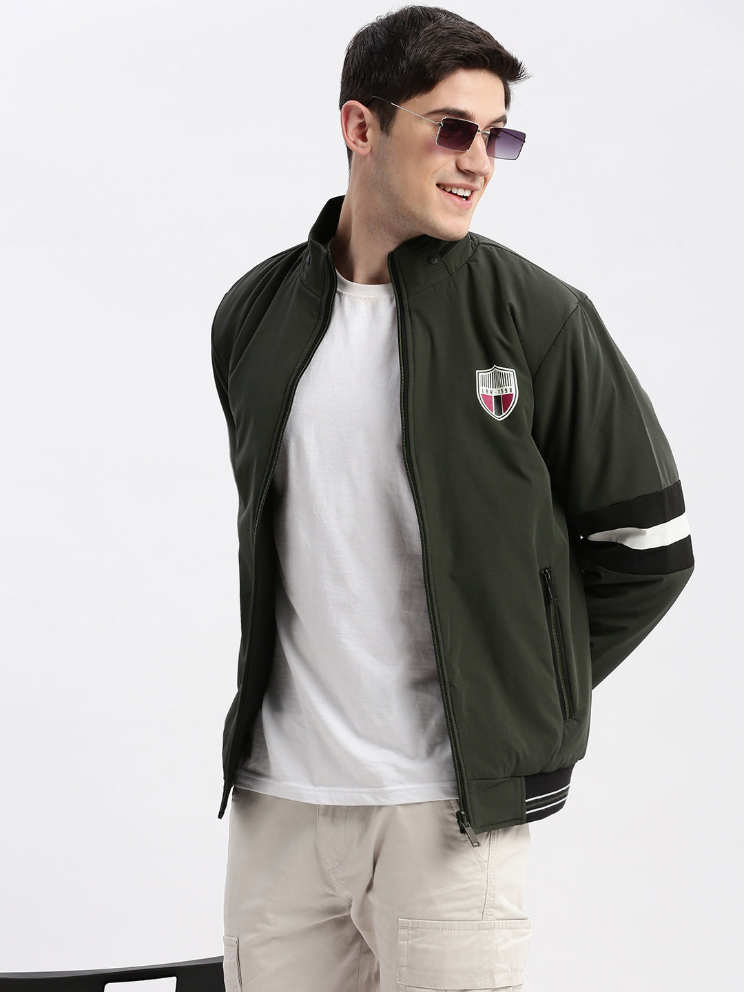 Men Solid Mock Collar Olive Bomber Reversible Jacket