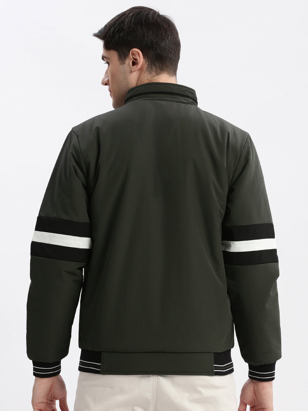 Men Solid Mock Collar Olive Bomber Reversible Jacket
