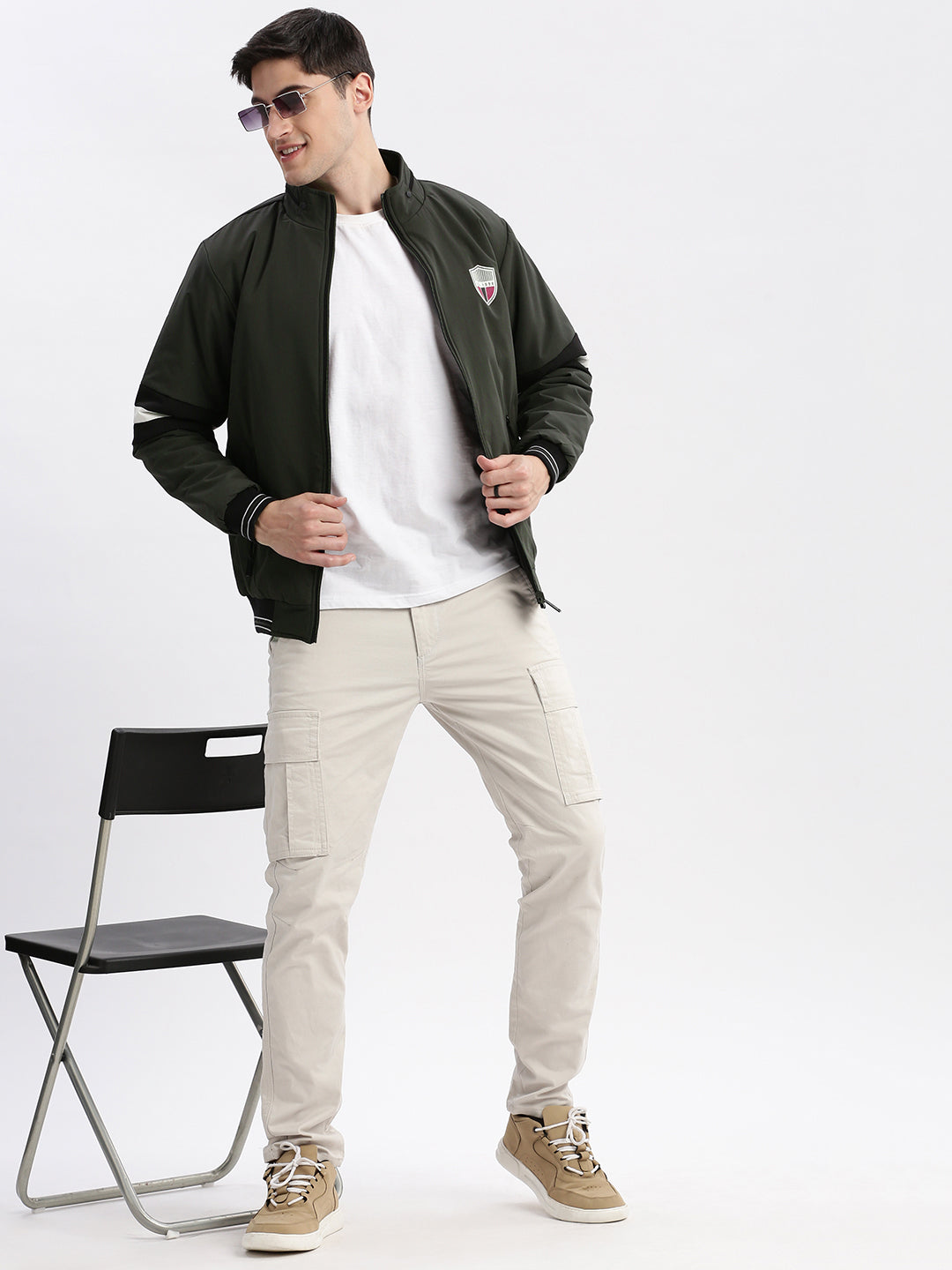 Men Solid Mock Collar Olive Bomber Reversible Jacket