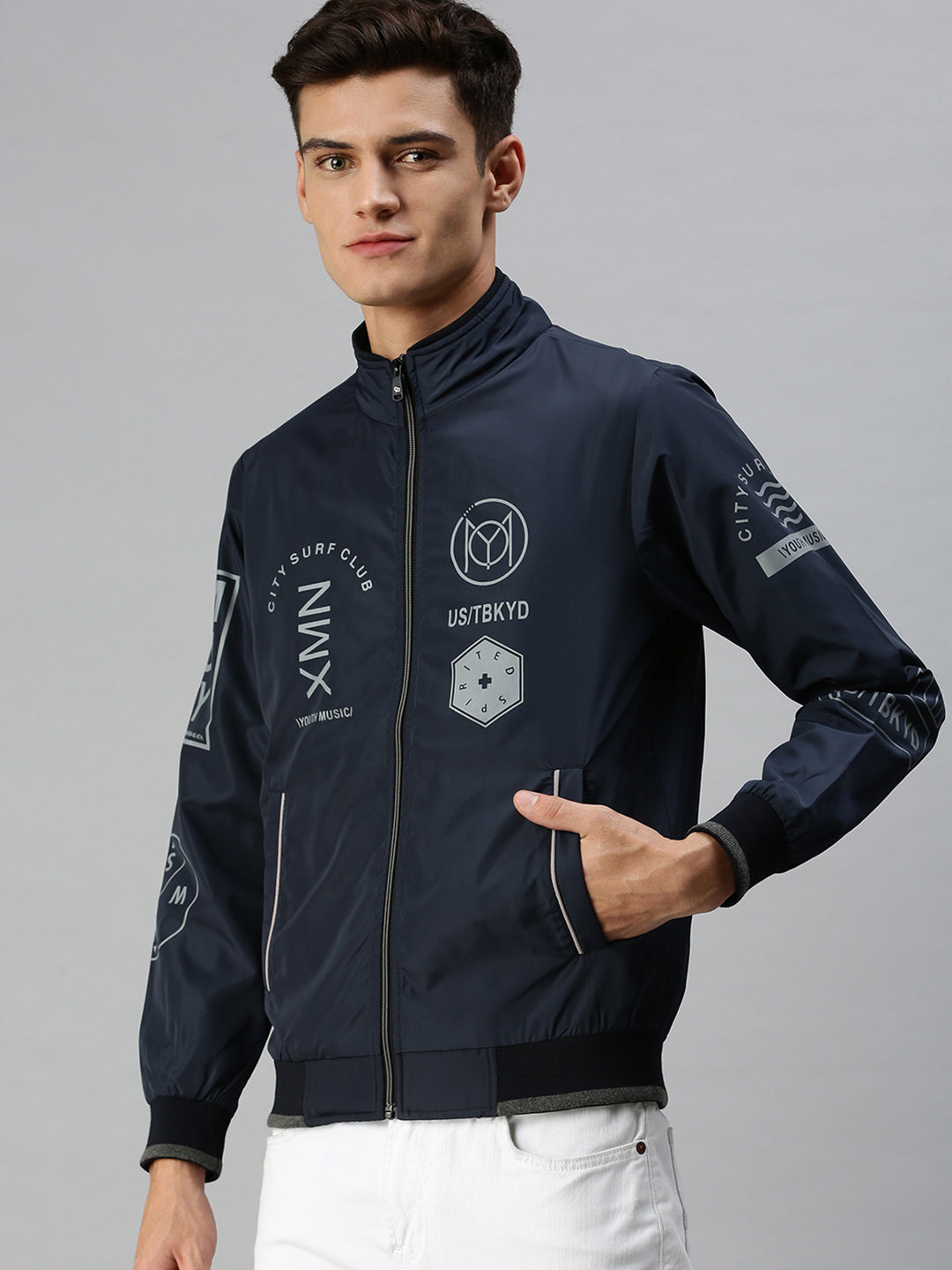 Men Printed Blue Sporty Jacket
