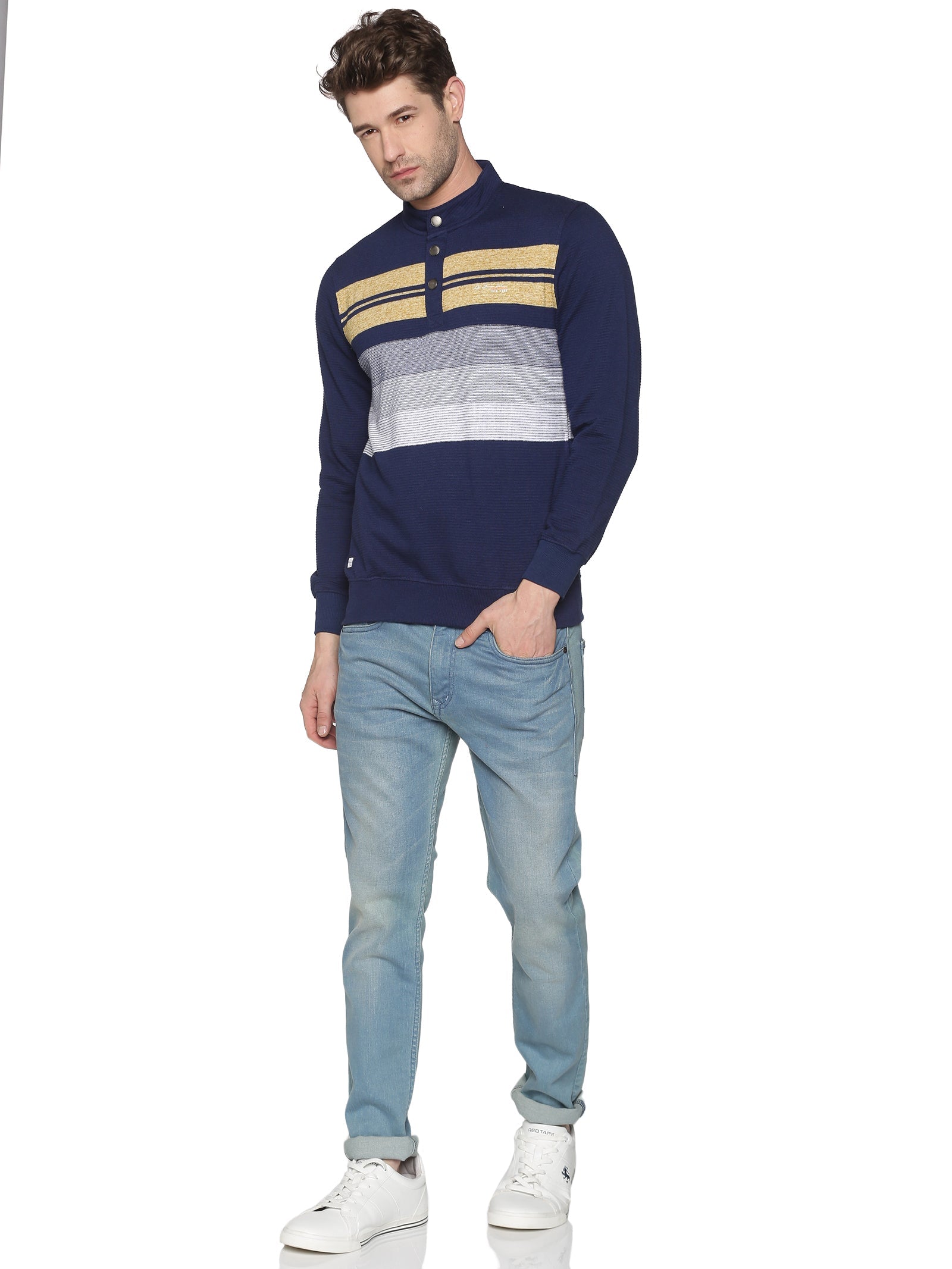 Men Striped Navy Blue Sweatshirt