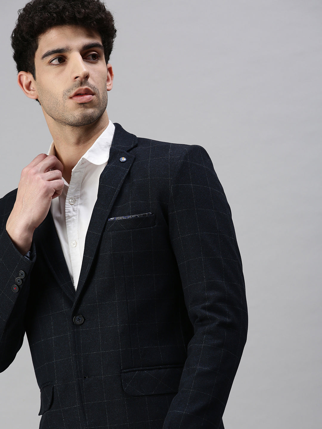 Men's Solid Navy Blue Single Breasted Blazer