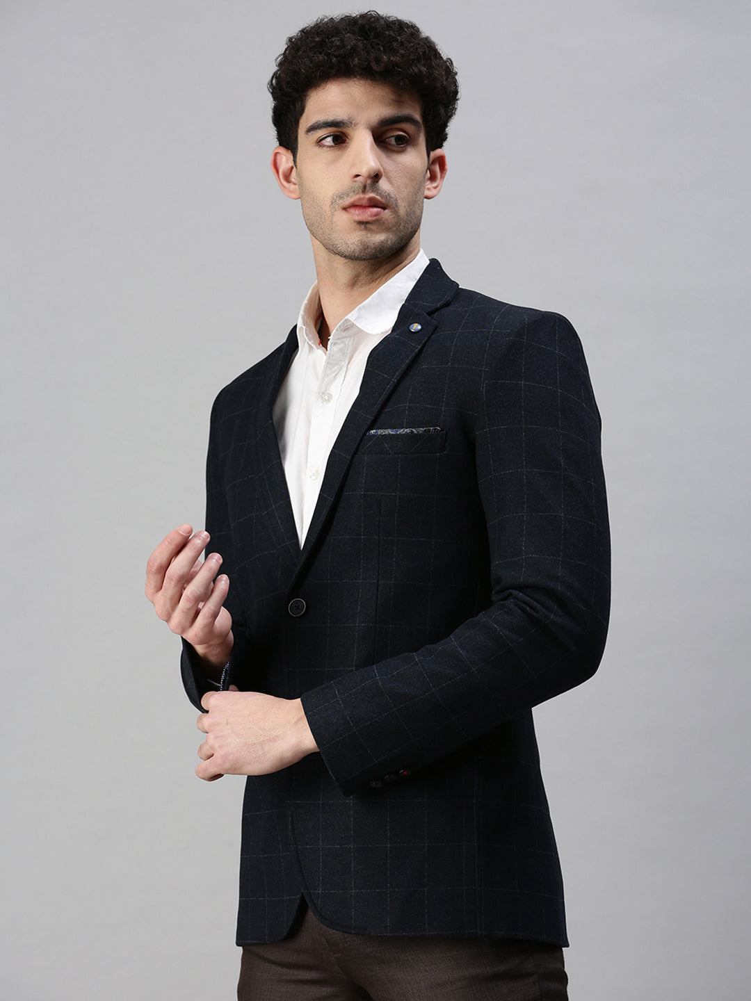 Men's Solid Navy Blue Single Breasted Blazer