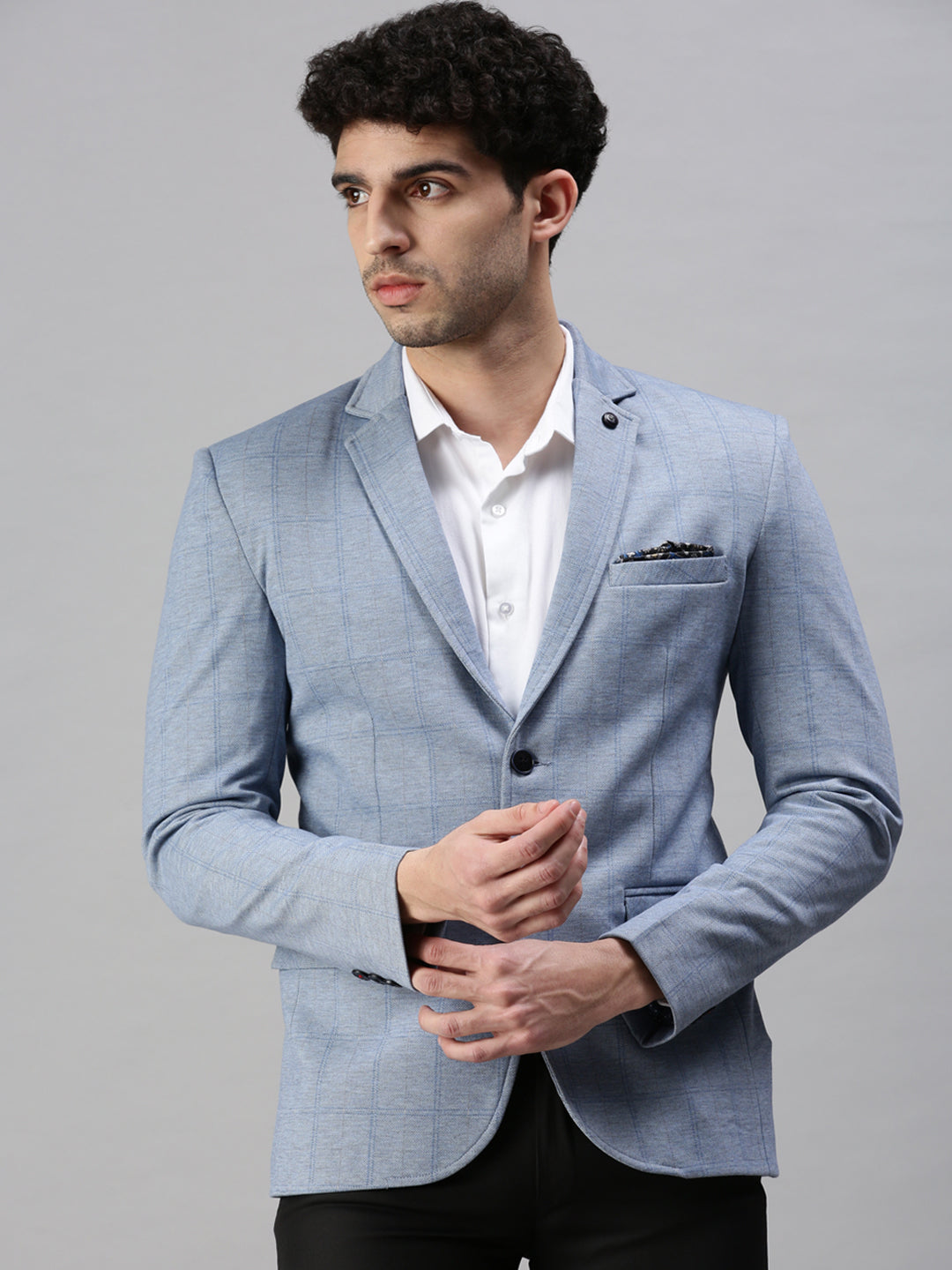 Men's Checked Blue Single Breasted Blazer