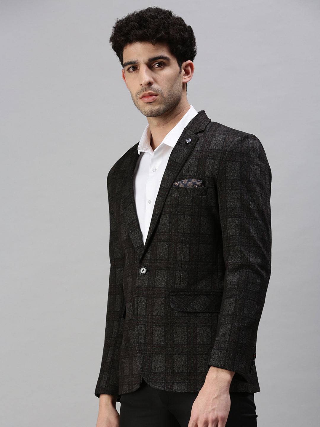 Men's Checked Black Single Breasted Blazer