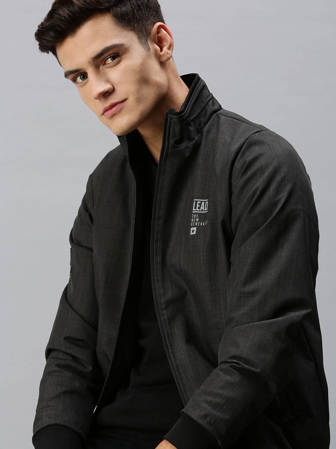 Men Self Design Black Sporty Jacket