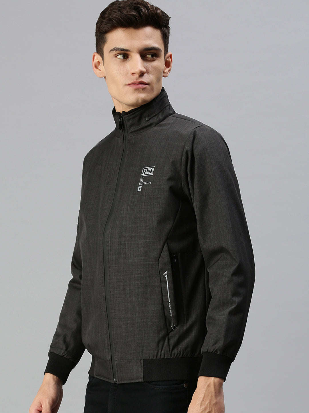 Men Self Design Black Sporty Jacket