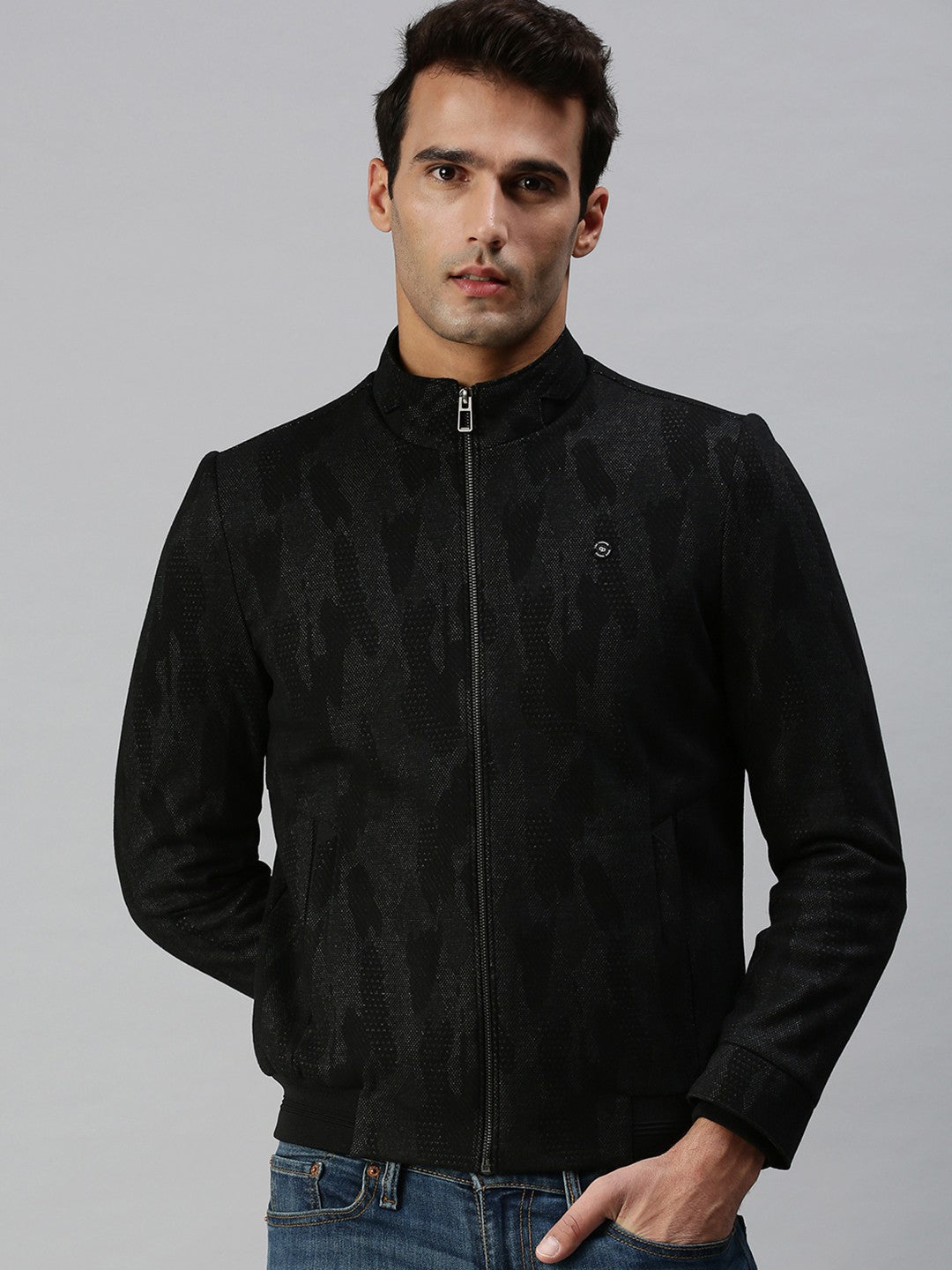 Men Printed Black Sporty Jacket