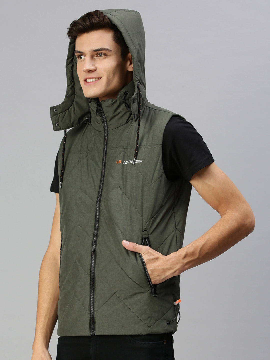 Men Hooded Solid Green Padded Jacket