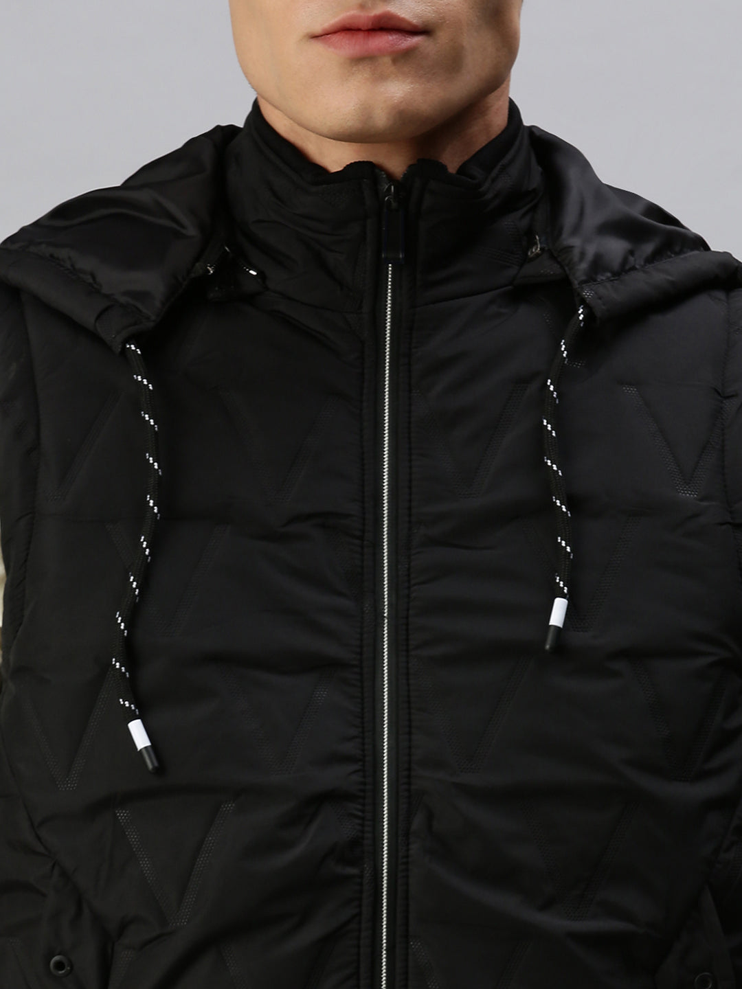 Men Hooded Solid Black Padded Jacket