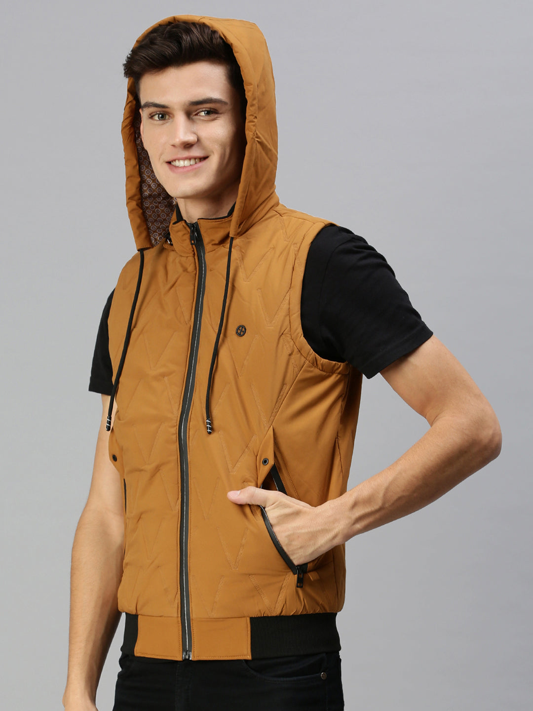 Men Hooded Solid Tan Padded Jacket