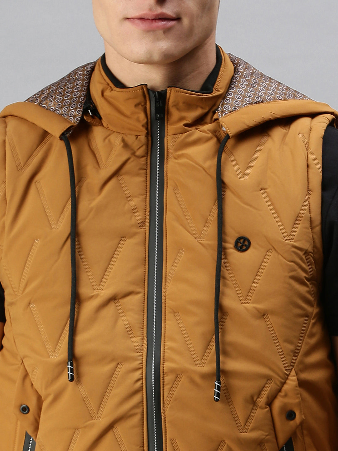 Men Hooded Solid Tan Padded Jacket