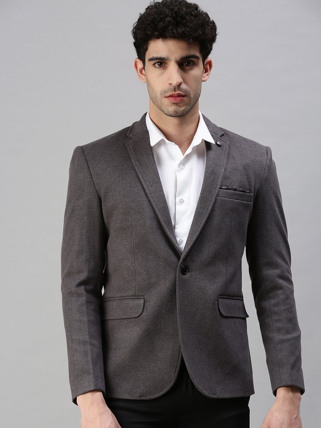 Men's Solid Grey Single Breasted Blazer