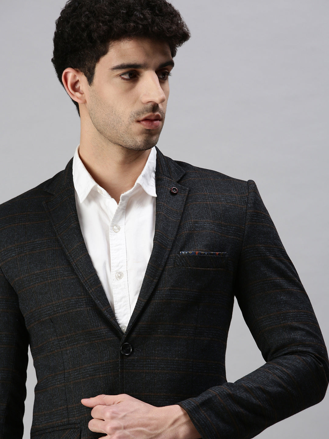 Men's Checked Black Single Breasted Blazer