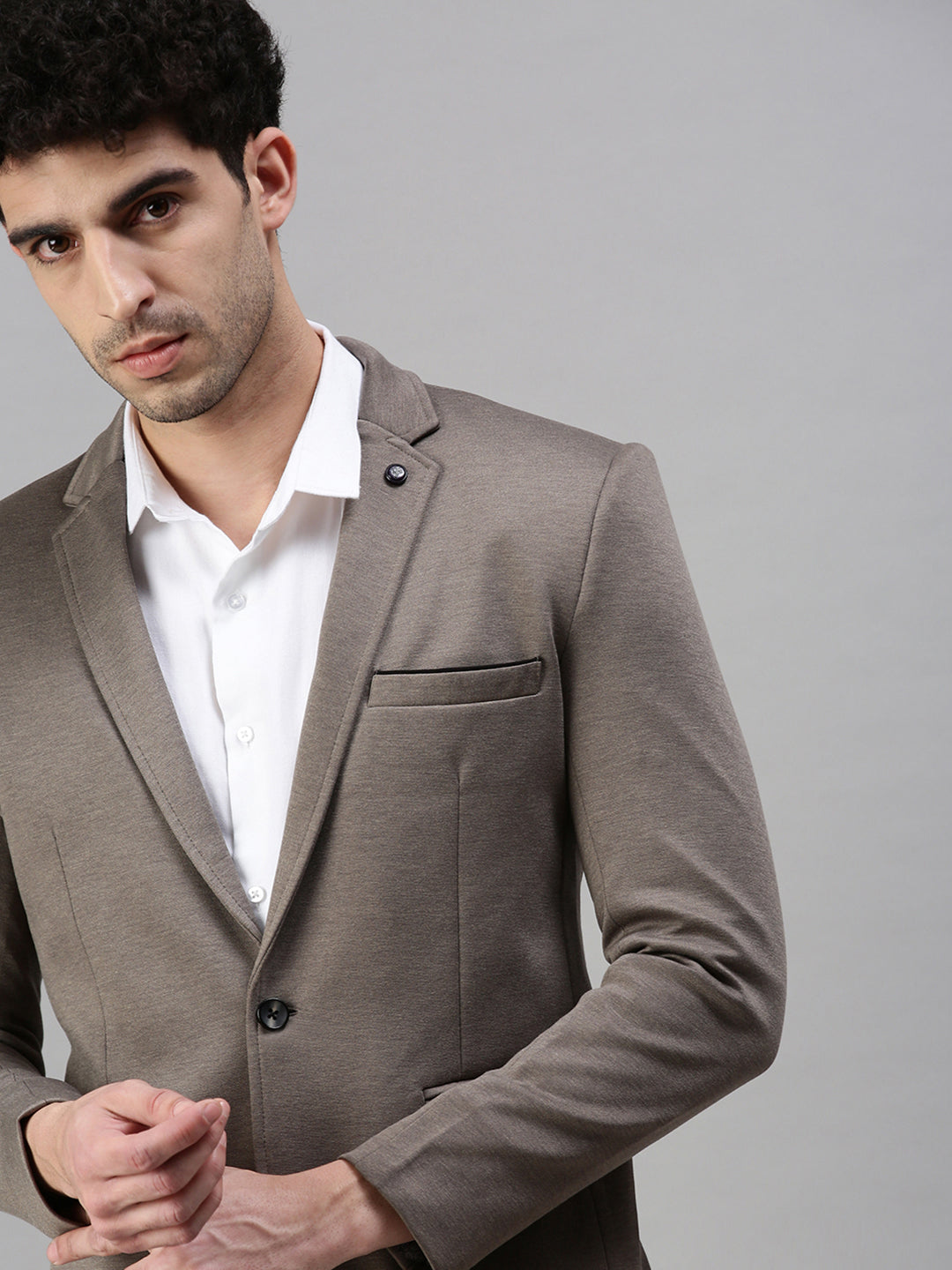 Men's Solid Grey Single Breasted Blazer