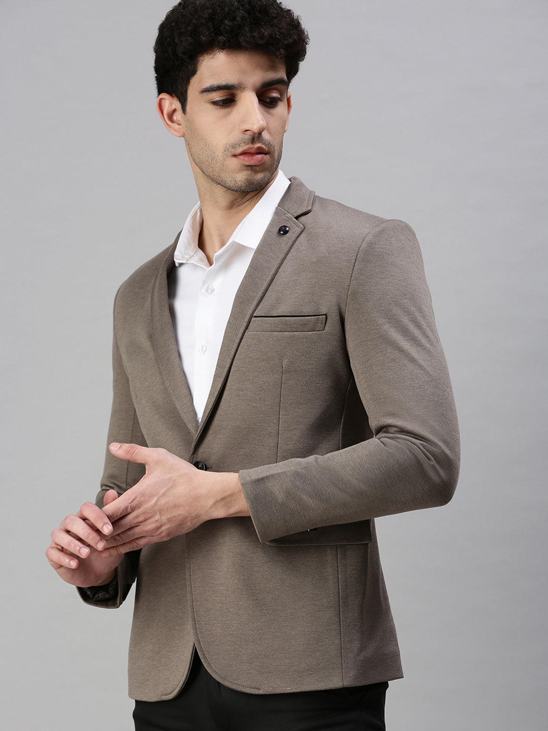 Men's Solid Grey Single Breasted Blazer