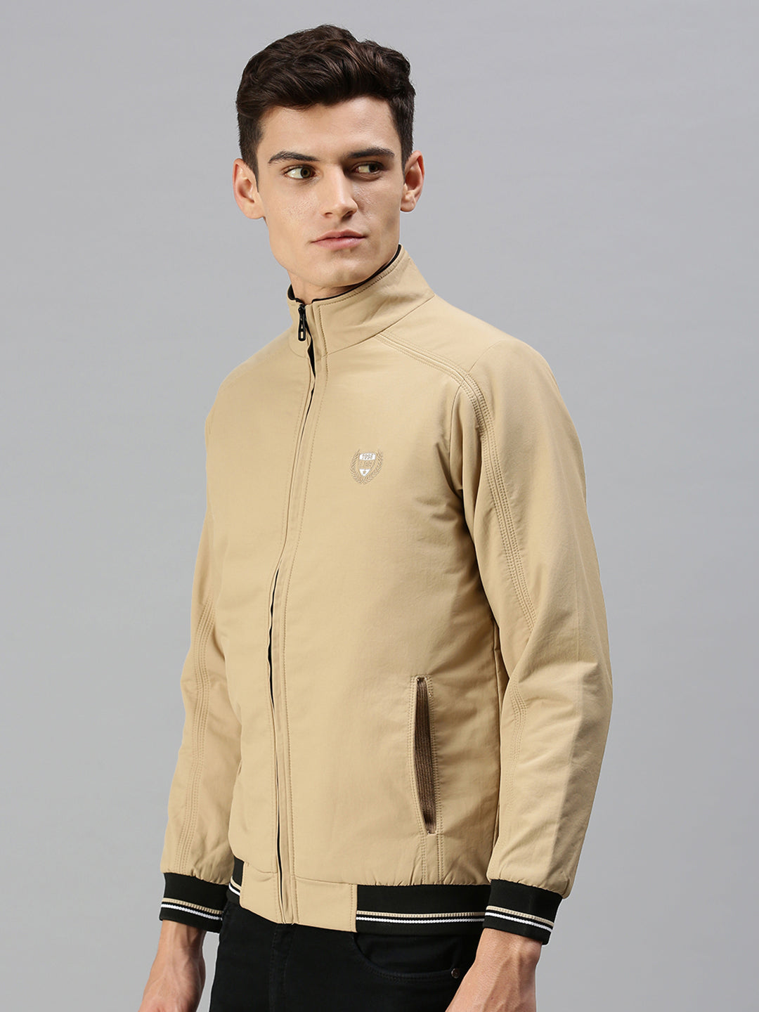 Men Solid Beige Open Front Jacket